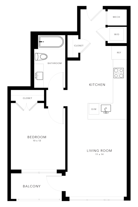 Floor plan for 1 bed, 1 bath, 580 sqft